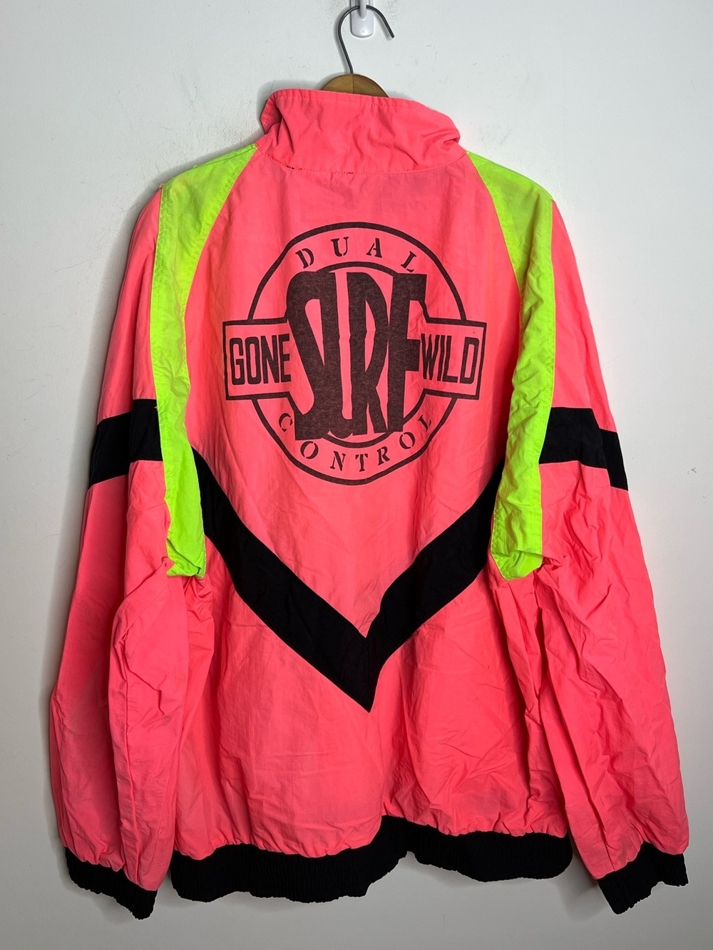 Vintage 90s Dual Control Windbreaker Jacket Sz L Neon Pink Green Colorblock Surf